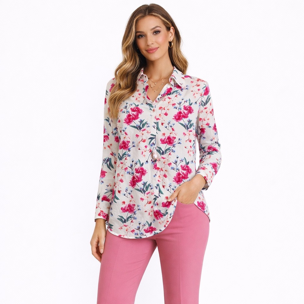 Lands End Non Iron Supima Cotton White Pink Floral Popover Top